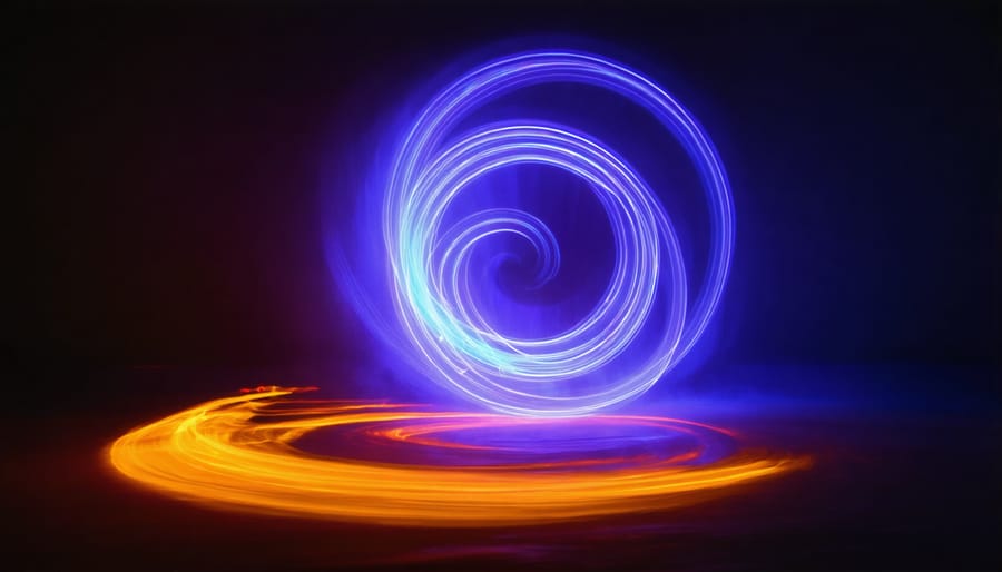 Long exposure night photograph with intricate light painting patterns creating a luminous spiral design