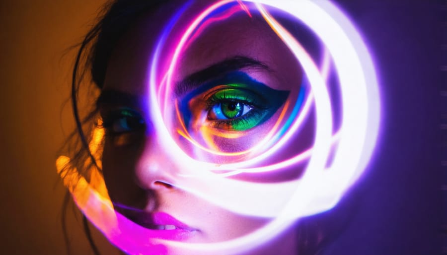 Portrait with circular light trails created through light painting technique