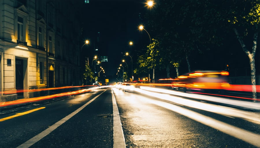 Night photography showing streaks of red and white light trails from vehicle headlights and taillights against a dark urban backdrop