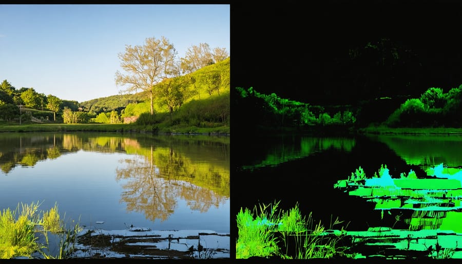 Comparison of a nighttime landscape photo before and after AI enhancement