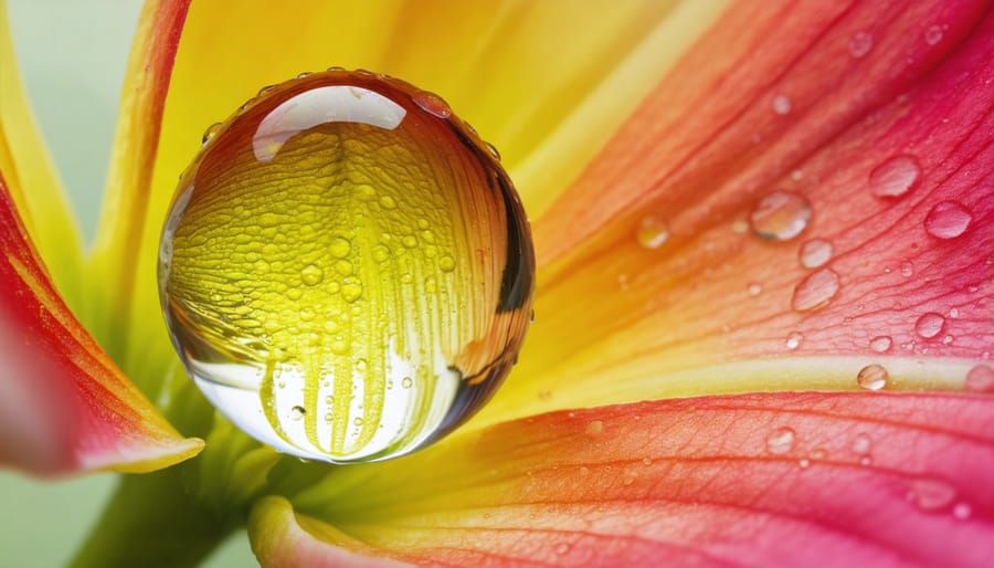 Close-up image of a dewdrop on a flower petal, magnifying the petal's texture and colors to illustrate the essence of macro photography.