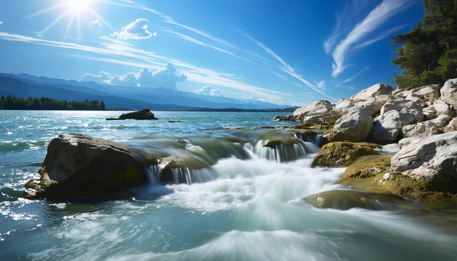 Landscape scene showing long exposure effects on a waterfall, with smooth water and streaking clouds in broad daylight, emphasizing the use of neutral density filters.