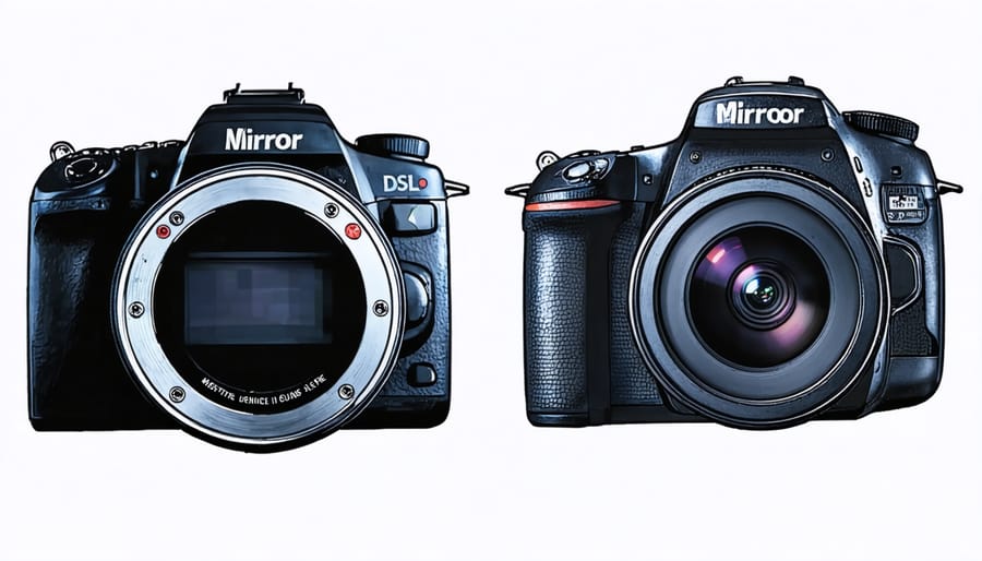 Cross-section diagram showing the internal differences between mirrorless and DSLR cameras