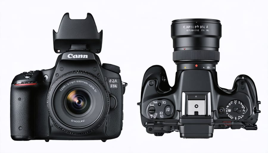 Size comparison showing a bulky DSLR next to a compact mirrorless camera