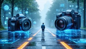 A professional photographer at a crossroads symbolizing the choice between a modern mirrorless camera with advanced digital features and a classic DSLR highlighting optical viewfinder and durability, representing the shifting photography landscape of 2024.