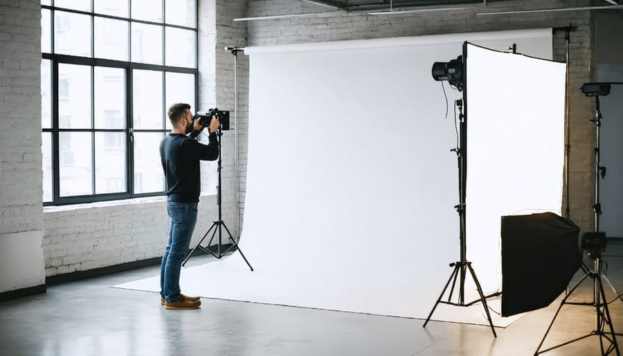 Professional photographer creating a mobile studio setup for corporate headshots