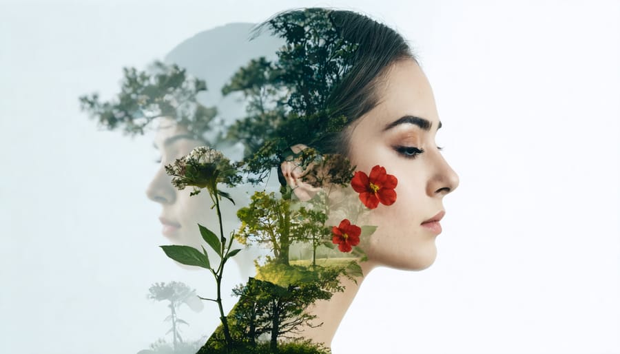 Artistic double exposure portrait merging a woman's profile with transparent floral elements