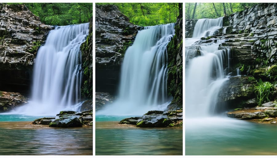 Side-by-side comparison of waterfall photographs taken with different ND filter strengths