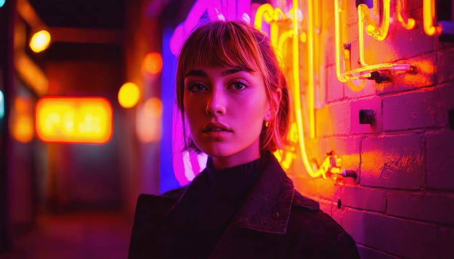 Portrait of person illuminated by urban neon signs at night