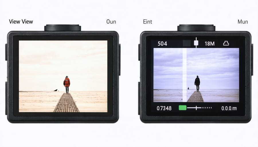 Comparison of optical and electronic viewfinder displays showing exposure simulation