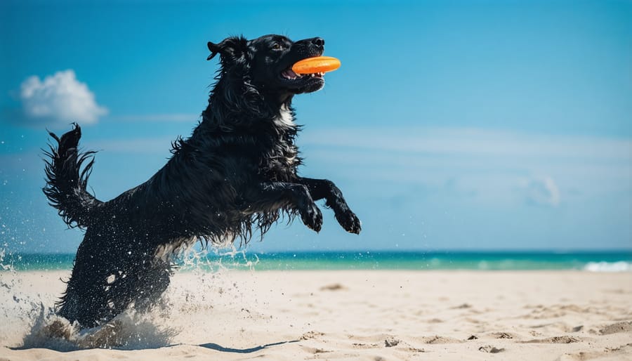 High-speed photography capture of a dog in mid-jump catching a frisbee