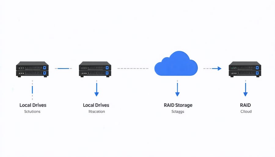 Infographic comparing different photo backup methods including external drives, RAID, and cloud storage