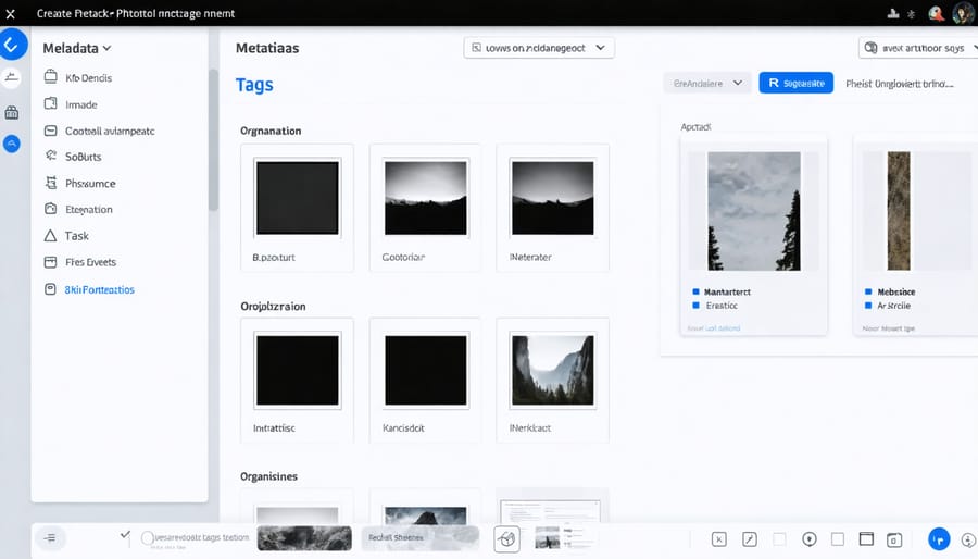 Photo management software interface demonstrating file organization and tagging features