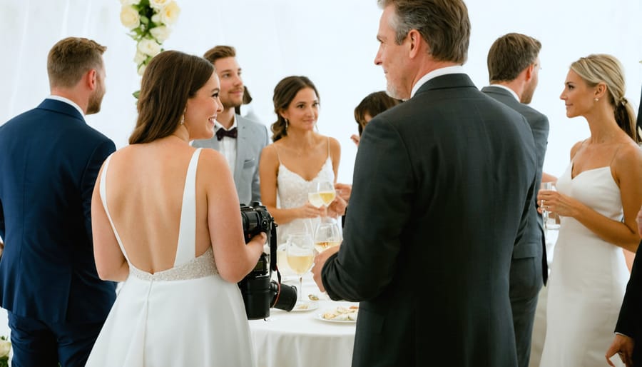 Professional photographer engaging with wedding vendors at a networking event