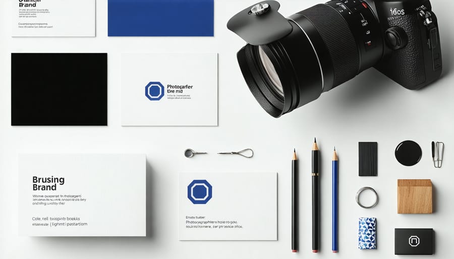 Photography business branding elements including logo design and marketing materials