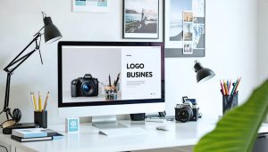 Photographer's workspace displaying branding elements and marketing materials, including logo design, color palette, and digital templates, illustrating a consistent visual strategy for a photography business.