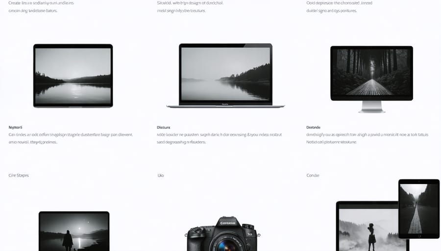 Modern photography portfolio website displayed on desktop, tablet, and mobile devices