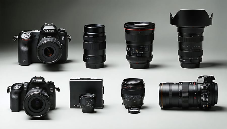 A comprehensive display of professional photography equipment including full-frame and medium format cameras, an array of lenses, and essential accessories like a tripod and lighting gear, set against a versatile studio backdrop.