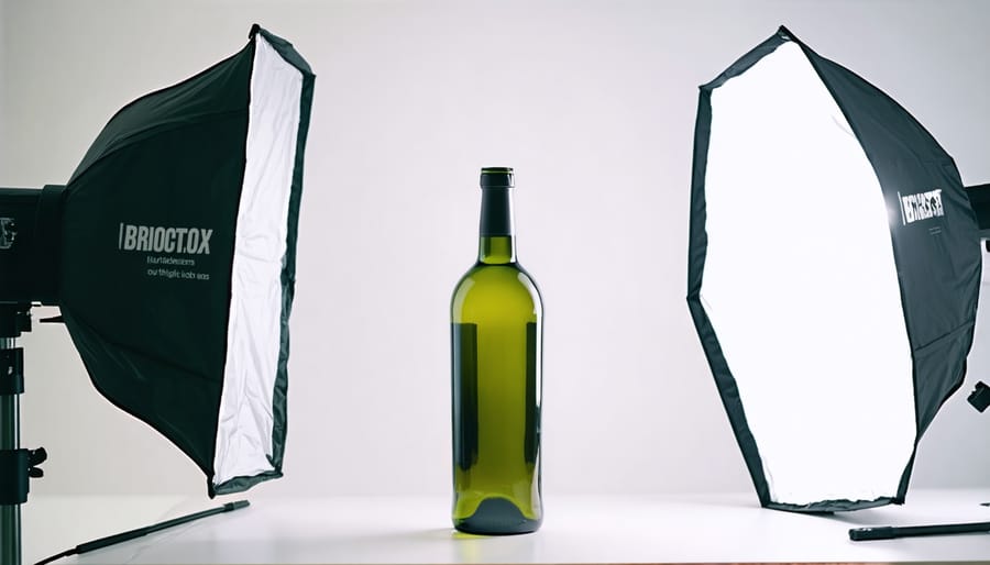 Behind-the-scenes product photography setup with strip boxes illuminating a glass bottle