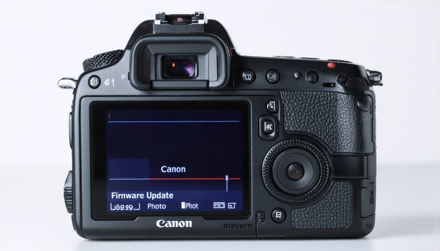 Canon R7 LCD screen showing firmware update installation progress