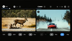 Split-screen image illustrating Canon EOS R7 autofocus improvements with the firmware update, showing sharper focus on wildlife and sports cars compared to previous performance.