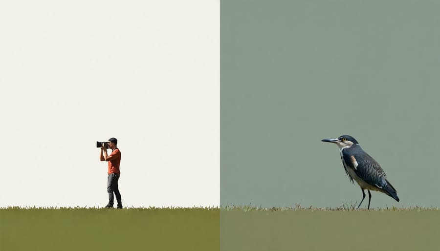 Side-by-side comparison demonstrating proper and improper wildlife photography distances