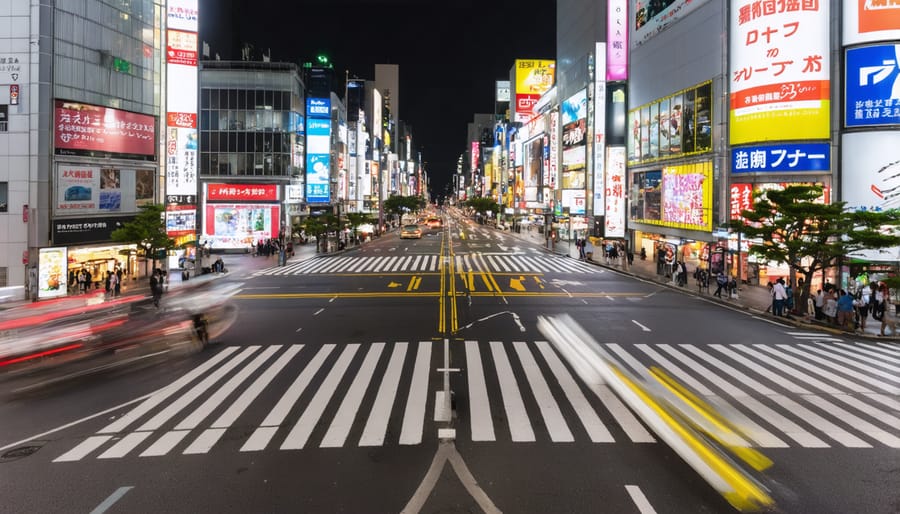 Long exposure photograph of Shibuya Crossing at night showing camera settings effect