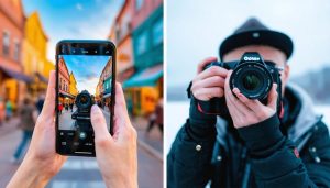 A side-by-side depiction of smartphone and DSLR camera photography, illustrating the strengths of each in capturing vibrant urban scenes with a smartphone and detailed scenic shots with a DSLR camera.