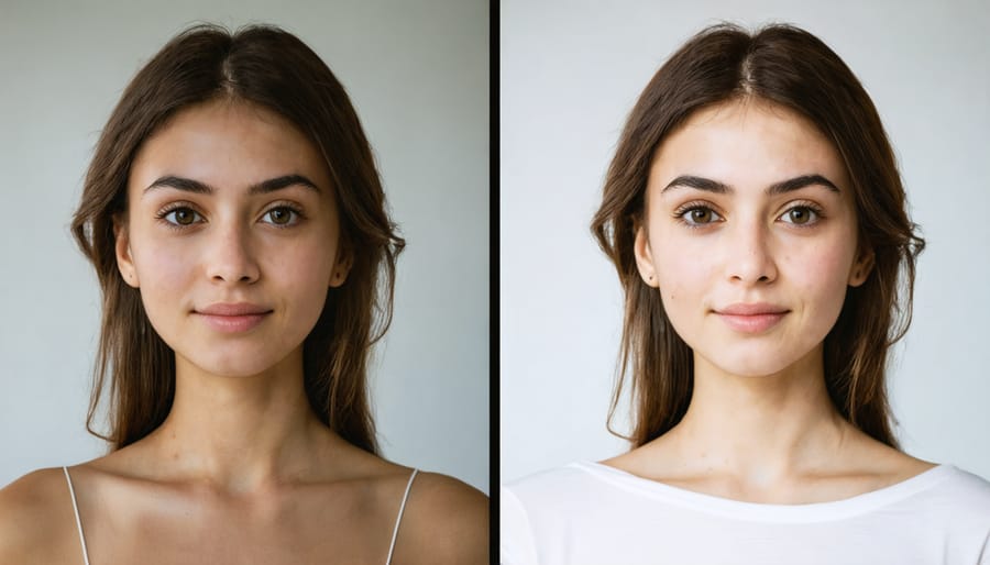 Before and after portrait comparison showing harsh direct flash versus softbox lighting