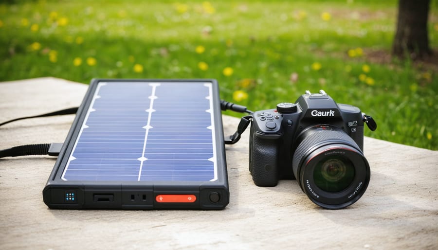 Camera battery connected to compact solar charging panel in natural setting