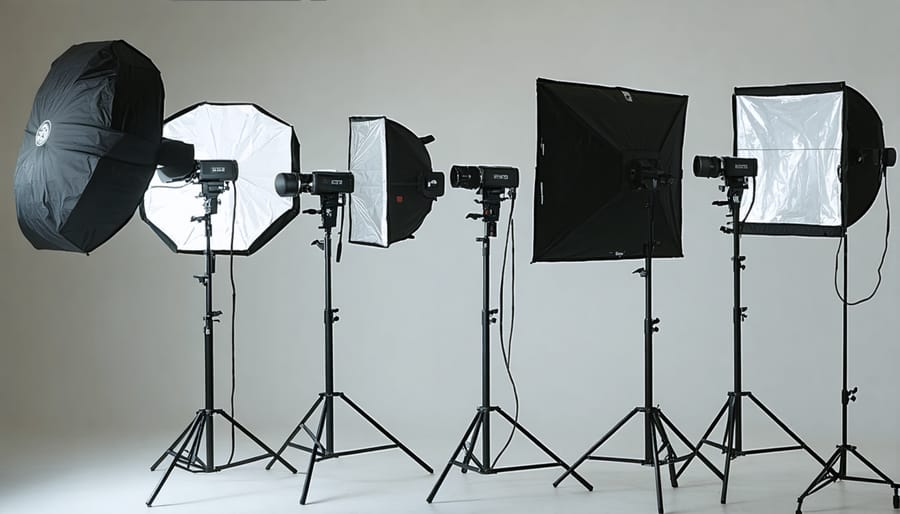 Professional photography studio setup with various lighting modifiers positioned around a model