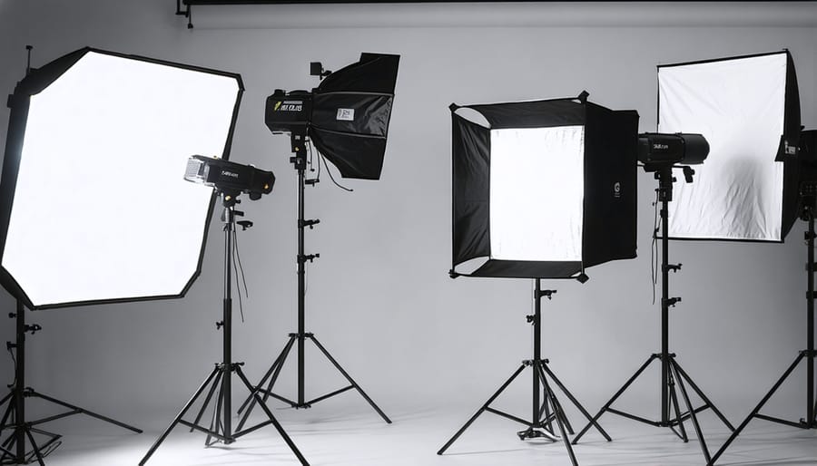 Complete studio lighting arrangement showing multiple strobes and light modifiers