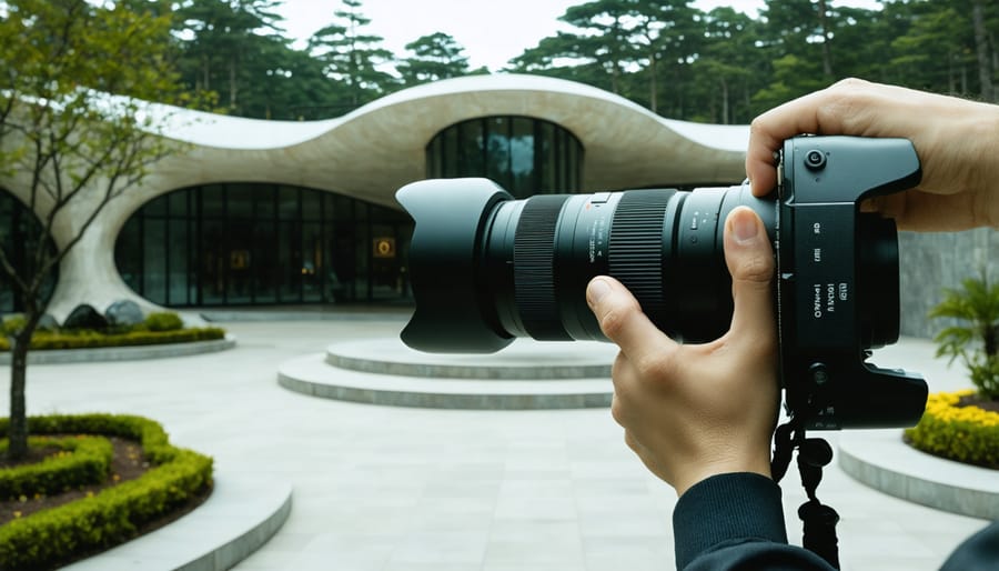 Professional photographer documenting green building features with camera and lighting equipment