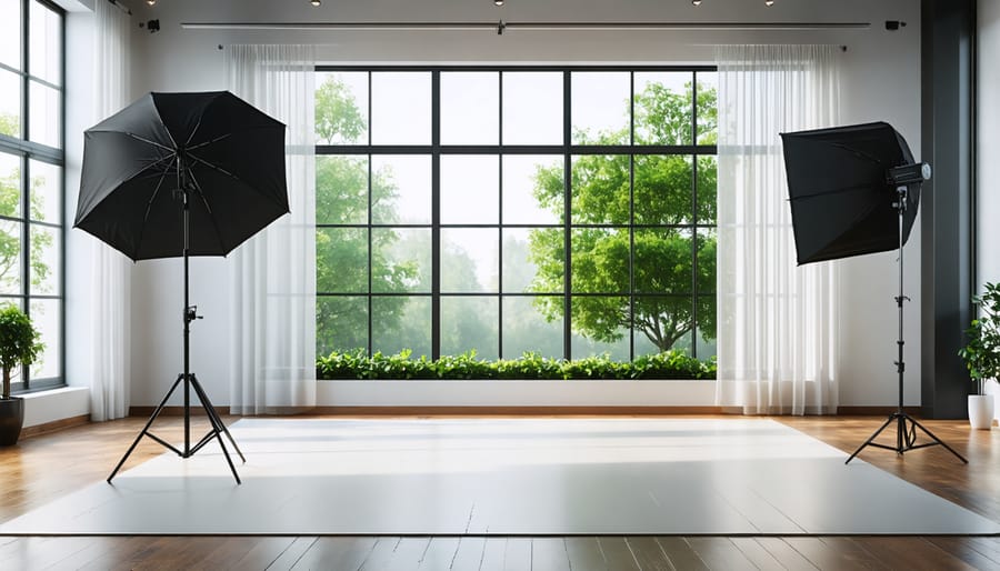 Modern photography studio with natural daylight streaming through windows and LED lighting fixtures