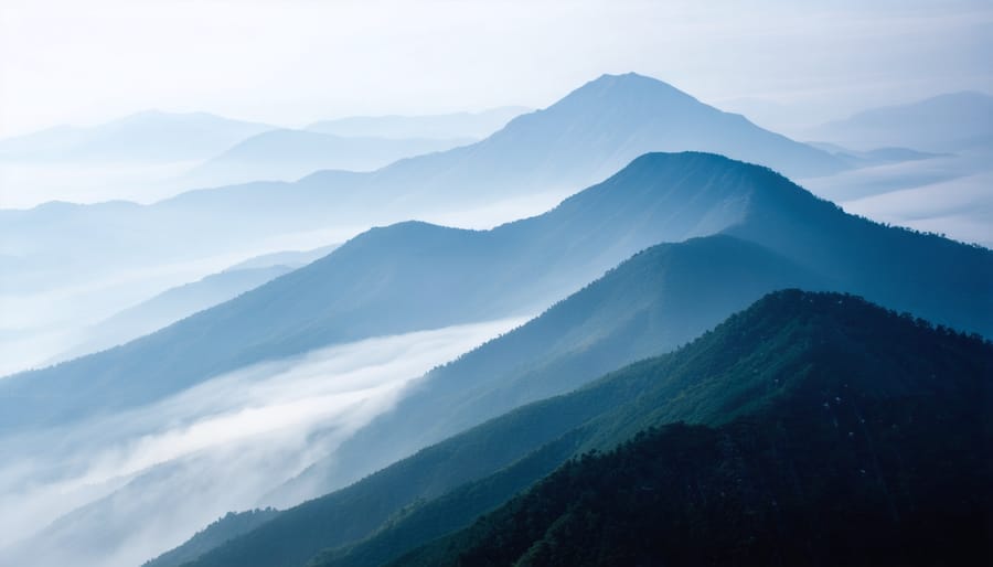 Dramatic layered mountain ridges compressed by telephoto lens creating depth through atmospheric haze