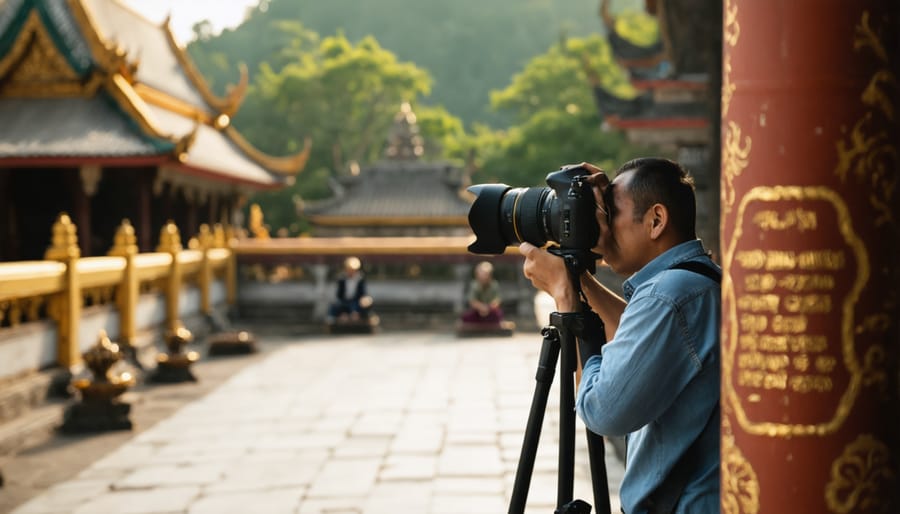 Photographer following proper etiquette while shooting at a Japanese temple