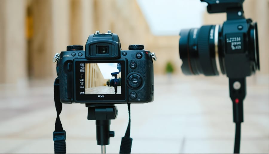 Photographer demonstrating tilt-shift lens technique on a modern building