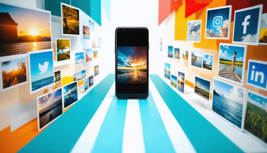 A smartphone displaying a landscape photo surrounded by icons of popular photography apps, illustrating the transformation of photography through digital tools.