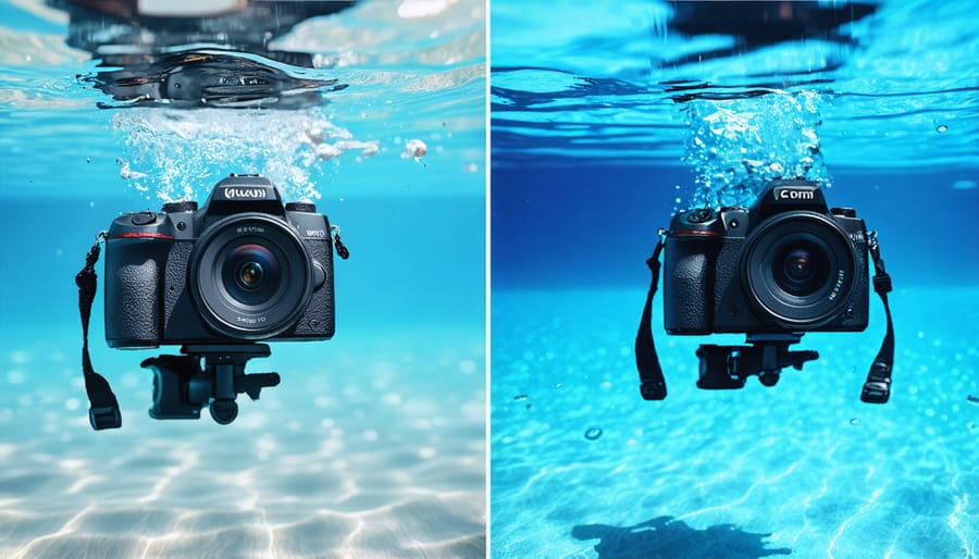 Side-by-side comparison of underwater camera footage showing clear and murky water visibility