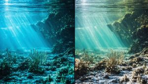 Split-screen comparison of an underwater photo before and after post-processing, highlighting improved color vibrancy and clarity.