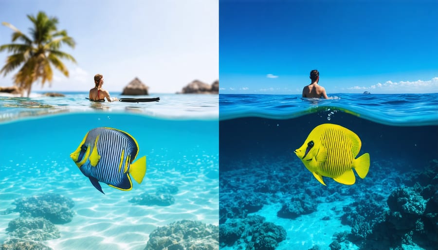 Side-by-side underwater coral reef photos demonstrating proper and improper white balance settings