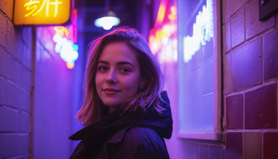 Portrait photographer using city neon lights for creative night photography