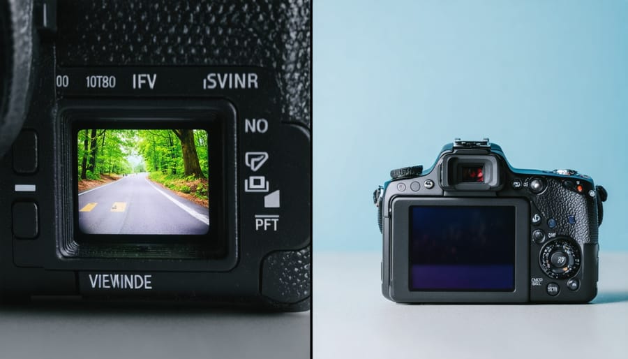 Side-by-side comparison of the same scene through an optical viewfinder and electronic viewfinder