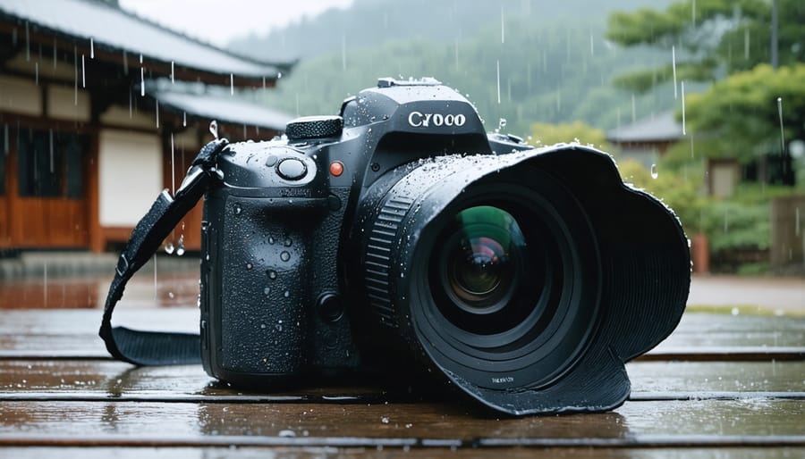 Weather-protected camera equipment during rainfall in Japan