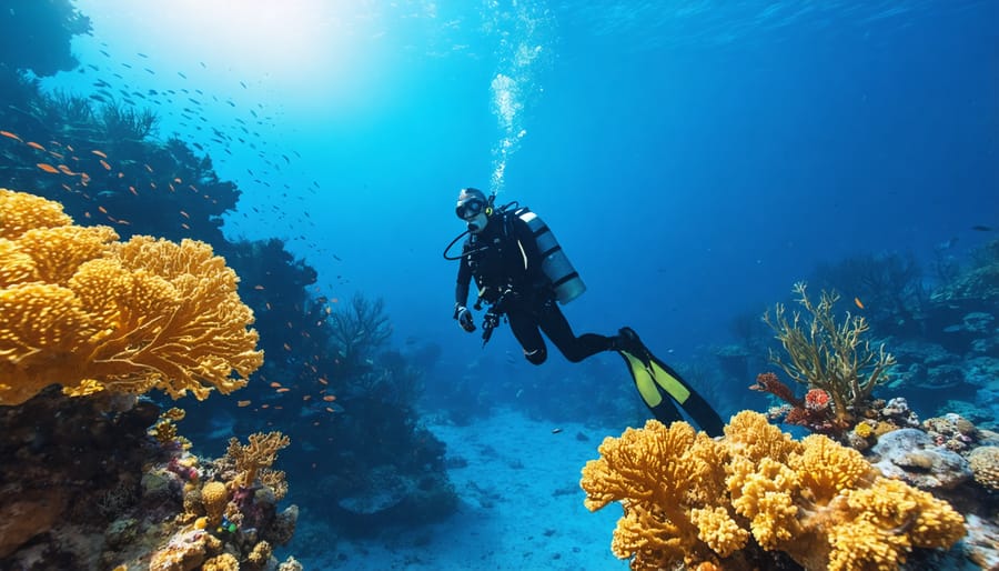 Expansive underwater scene showing coral reef ecosystem with scuba divers for scale