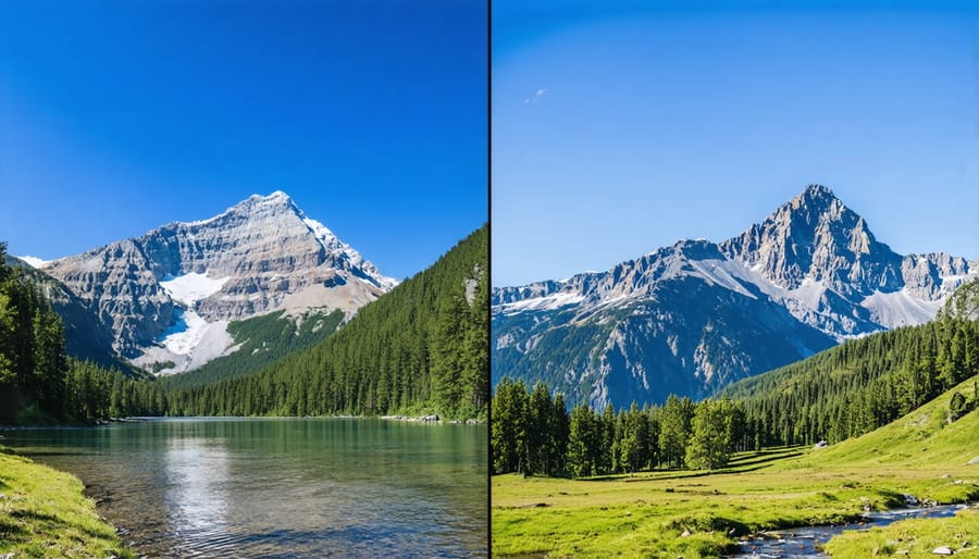 Side-by-side comparison showing how a mountain scene appears through wide-angle and telephoto lenses