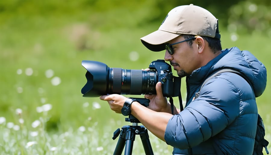 Wildlife photographer demonstrating proper use of telephoto lens and stabilization equipment