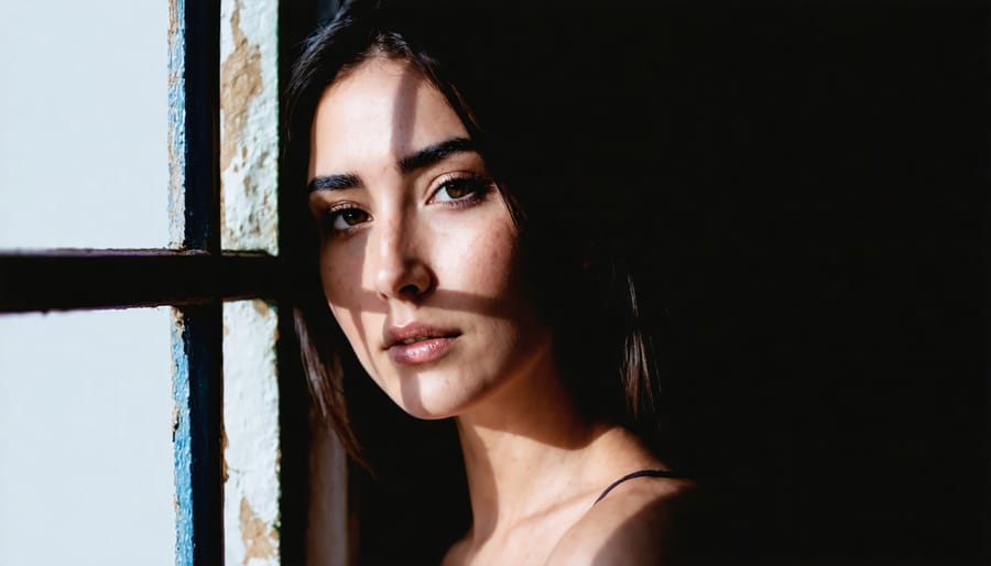 Woman's face illuminated by soft window light creating dramatic shadows and highlights