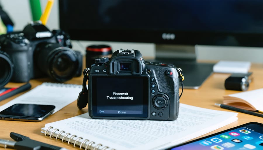 A close-up view of a camera with a front camera fault error message on its display screen, surrounded by a photographer's workspace with tools and troubleshooting resources.