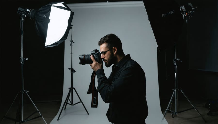 A photographer skillfully adjusting lighting equipment in a studio, surrounded by softboxes and strobes, creating a compelling and cinematic atmosphere.